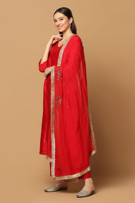 Buy Two Sisters By Gyans Red Cotton, Chanderi, Chiffon Embroidery, Mirrors Mukaish Work Kurta Set Online at Aza Fashions Buy_Two Sisters By Gyans_Red Cotton, Chanderi, Chiffon Embroidery, Mirrors Mukaish Work Kurta Set _Online_at_Aza_Fashions