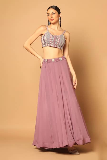 Two Sisters By Gyans Purple Georgette Beads, Crystals, Embroidery Scoop Waistband Panelled Skirt Set Online at Aza Fashions Two Sisters By Gyans_Purple Georgette Beads, Crystals, Embroidery Scoop Waistband Panelled Skirt Set _Online_at_Aza_Fashions