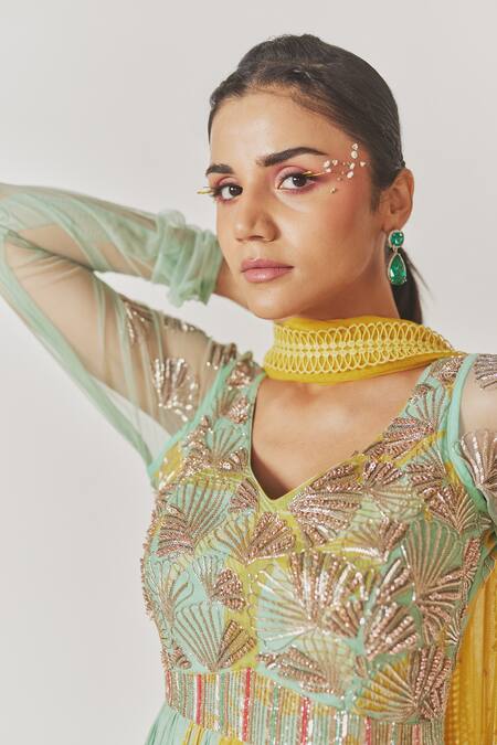 Buy_Anu Pellakuru_Green Muslin, Silk Embroidery, Foliage Pattern Anarkali With Contrast Dupatta_Online_at_Aza_Fashions