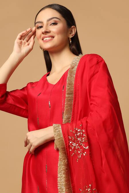 Shop Two Sisters By Gyans Red Cotton, Chanderi, Chiffon Embroidery, Mirrors Mukaish Work Kurta Set Online at Aza Fashions Shop_Two Sisters By Gyans_Red Cotton, Chanderi, Chiffon Embroidery, Mirrors Mukaish Work Kurta Set _Online_at_Aza_Fashions