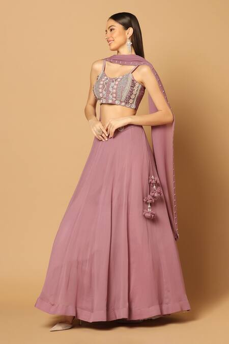 Shop_Two Sisters By Gyans_Purple Georgette Beads, Crystals, Embroidery Scoop Waistband Panelled Skirt Set _Online_at_Aza_Fashions