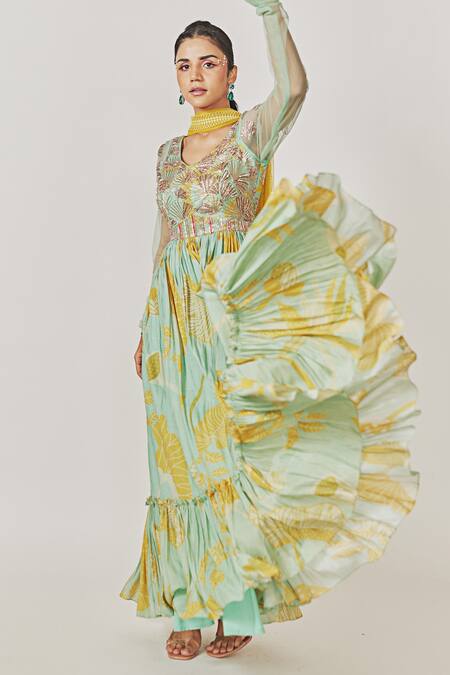 Shop_Anu Pellakuru_Green Muslin, Silk Embroidery, Foliage Pattern Anarkali With Contrast Dupatta_Online_at_Aza_Fashions