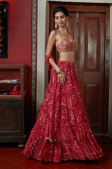 Arpita Mehta Red Georgette And Embroidery Garden Halter Neck Tiered Skirt Set 