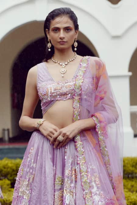 Buy_Moledro_Purple Lehenga And Blouse- Zari Tissue & Dupatta- Butterfly Net Mahika Set_Online_at_Aza_Fashions