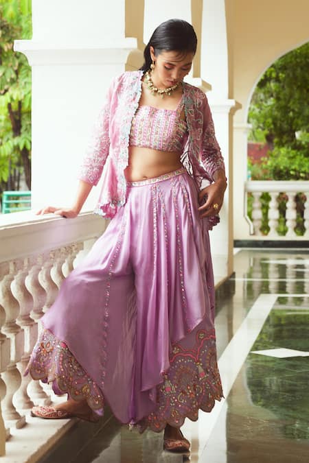 Moledro_Purple Jacket And Bustier- Silver Tissue, Pant- Bheeni Embroidered With Set _Online_at_Aza_Fashions