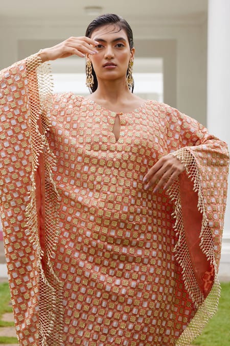 Buy_Moledro_Peach Kaftan- Organza Satin And Pants- Lurex Geometric Sitaara And Dhoti Set_Online_at_Aza_Fashions