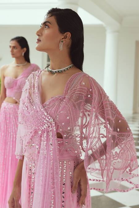 Moledro_Pink Cape- Butterfly Net, Jumpsuit- Satin Jhilmil Draped With Embroidered_Online_at_Aza_Fashions