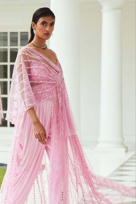 Buy_Moledro_Pink Cape- Butterfly Net, Jumpsuit- Satin Jhilmil Draped With Embroidered_Online_at_Aza_Fashions