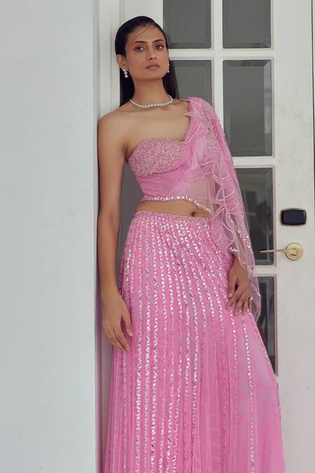 Buy_Moledro_Pink Butterfly Net Mirror Work, Diva Embellished Draped Saree With Blouse_Online_at_Aza_Fashions