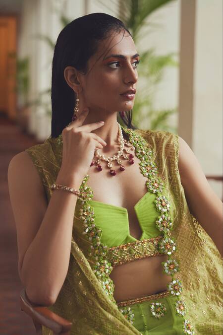 Buy_Moledro_Green Bustier And Sharara- Chanderi Brocade & Butterfly Eka Embroidered Set With_Online_at_Aza_Fashions