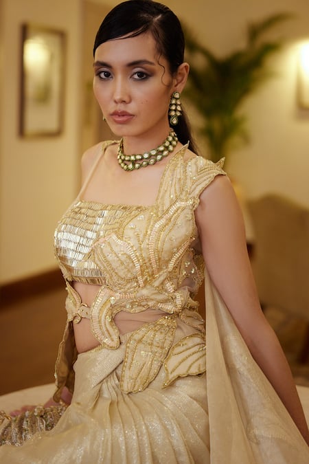 Buy_Moledro_Gold Blouse- Butterfly Net And Brocade, Pallu- Kaya Pre-draped With Embellished_Online_at_Aza_Fashions