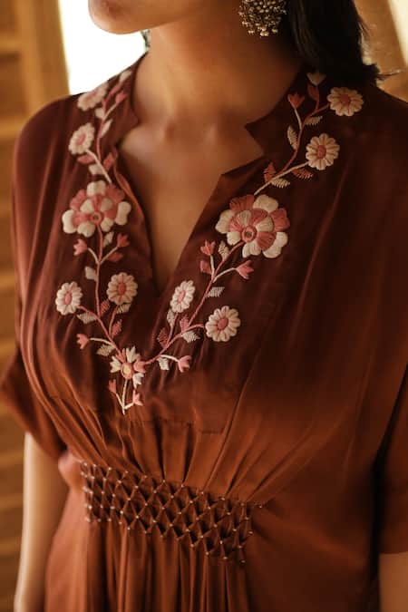 Buy_Raiman_Brown V-neck Floral Embroidered Kaftan Dress And Pant Set _Online_at_Aza_Fashions