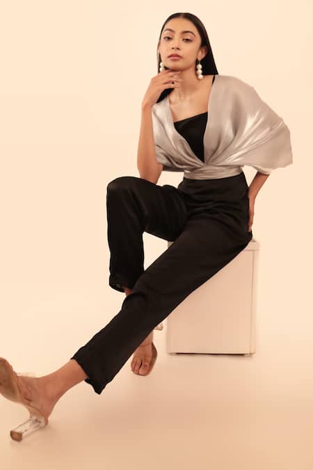 Vanshika Agarwal Label_Black Fluid Organza, Lining Kylie Detachable Overlay And Cowl Jumpsuit Set _Online_at_Aza_Fashions