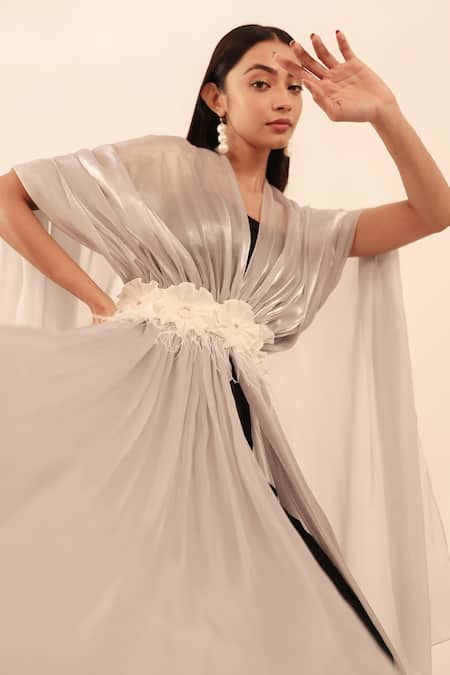 Vanshika Agarwal Label_Black Satin, Organza, Taffeta Embroidery, Jumpsuit Set With Silver Overlay _Online_at_Aza_Fashions
