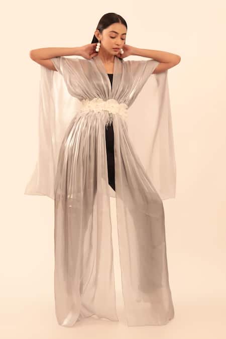 Buy_Vanshika Agarwal Label_Black Satin, Organza, Taffeta Embroidery, Jumpsuit Set With Silver Overlay _Online_at_Aza_Fashions