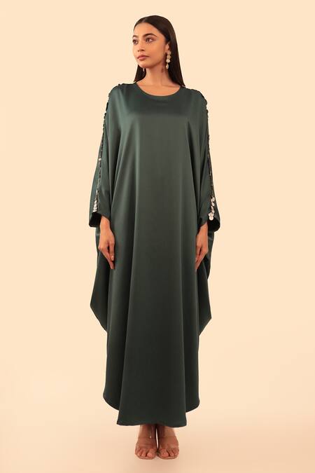 Vanshika Agarwal Label_Green Lining Taffeta, Versace Fabric Round Cleo Kaftan Dress_Online_at_Aza_Fashions