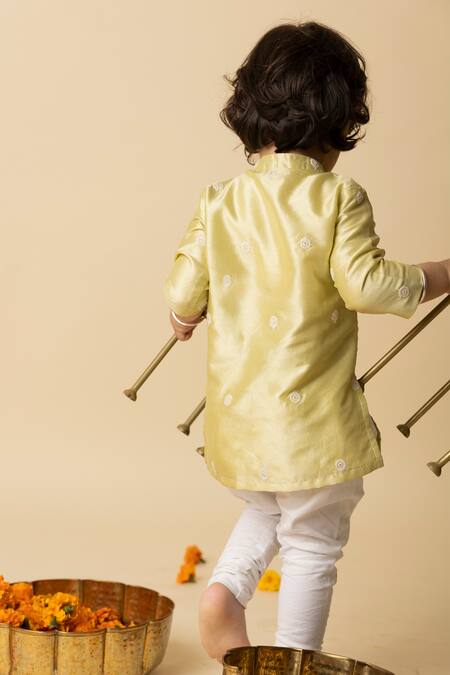 Shop Mini Trails Green Silk, Cotton Embroidery Front Buttoned Kurta And Pant Set at Aza Fashions Shop_Mini Trails_Green Silk, Cotton Embroidery Front Buttoned Kurta And Pant Set_at_Aza_Fashions