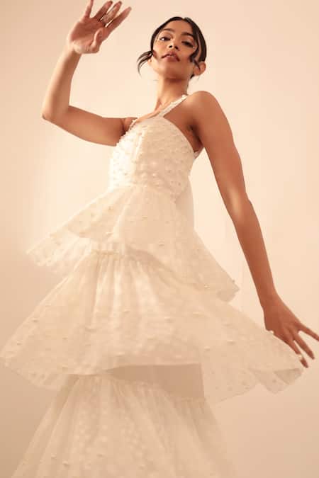 Vanshika Agarwal Label White Cotton, Taffeta Pearls Square Neck Embroidered Ruffle Layer Gown Online at Aza Fashions Vanshika Agarwal Label_White Cotton, Taffeta Pearls Square Neck Embroidered Ruffle Layer Gown _Online_at_Aza_Fashions