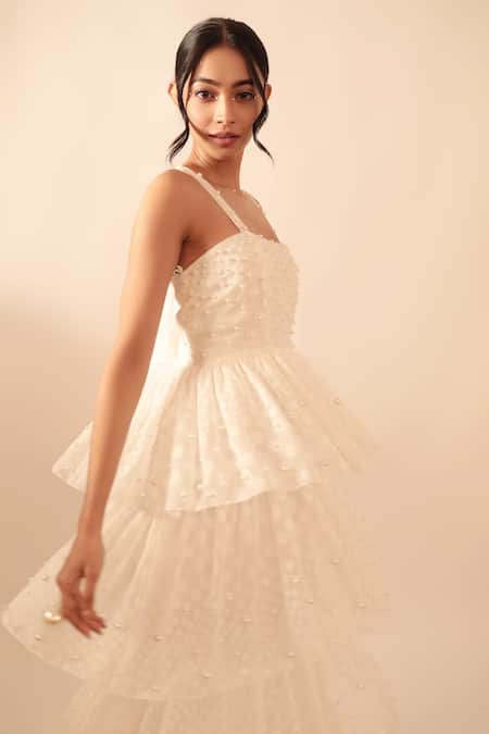 Buy Vanshika Agarwal Label White Cotton, Taffeta Pearls Square Neck Embroidered Ruffle Layer Gown Online at Aza Fashions Buy_Vanshika Agarwal Label_White Cotton, Taffeta Pearls Square Neck Embroidered Ruffle Layer Gown _Online_at_Aza_Fashions