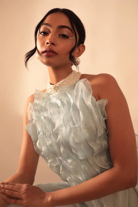 Vanshika Agarwal Label_Blue Organza, Satin, Taffeta Ruffles, Pearls Round Neck Detailed Jumpsuit _Online_at_Aza_Fashions