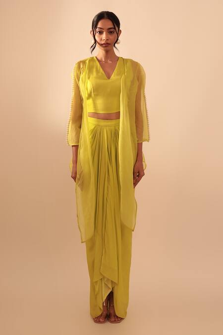 Vanshika Agarwal Label_Yellow Organza, Modal, Taffeta Pearls V-neck Neon Jacket And Draped Skirt Set _Online_at_Aza_Fashions