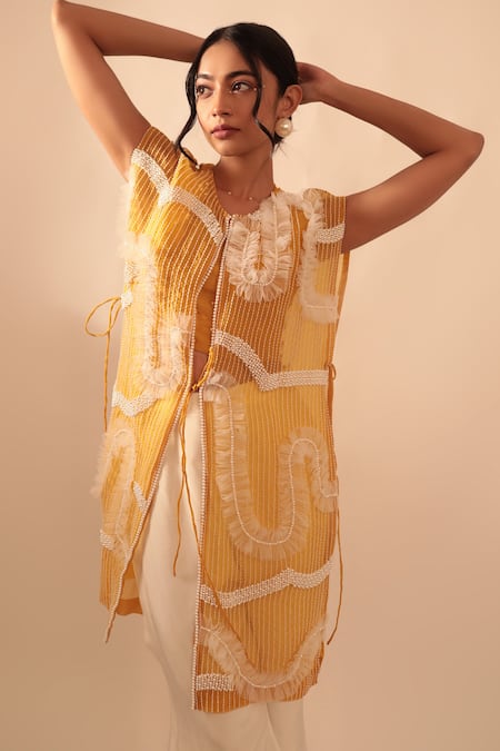 Vanshika Agarwal Label White Organza, Brs, Lining Taffeta, Natural Donna Jacket And Two Layer Pant Set Online at Aza Fashions Vanshika Agarwal Label_White Organza, Brs, Lining Taffeta, Natural Donna Jacket And Two Layer Pant Set _Online_at_Aza_Fashions