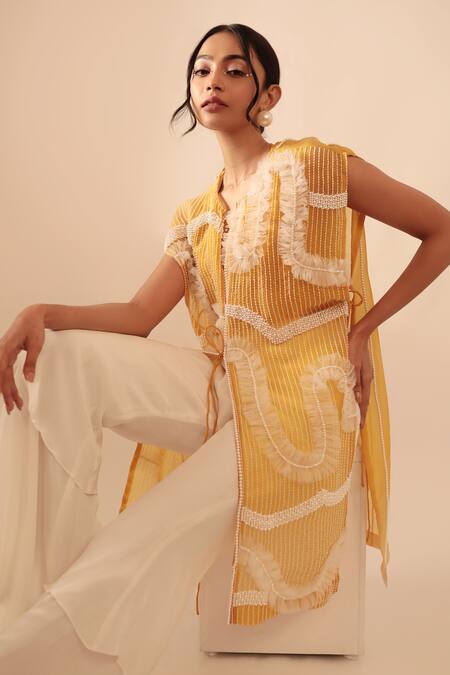 Buy Vanshika Agarwal Label White Organza, Brs, Lining Taffeta, Natural Donna Jacket And Two Layer Pant Set Online at Aza Fashions Buy_Vanshika Agarwal Label_White Organza, Brs, Lining Taffeta, Natural Donna Jacket And Two Layer Pant Set _Online_at_Aza_Fashions