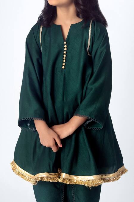 Ranikidswear_Green Burberry Embroidery Tassel Solid Kurta And Pant Set_Online_at_Aza_Fashions