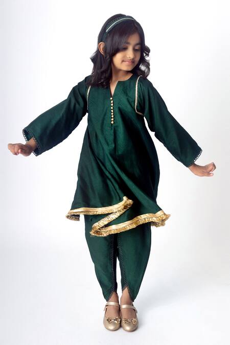 Buy_Ranikidswear_Green Burberry Embroidery Tassel Solid Kurta And Pant Set_Online_at_Aza_Fashions