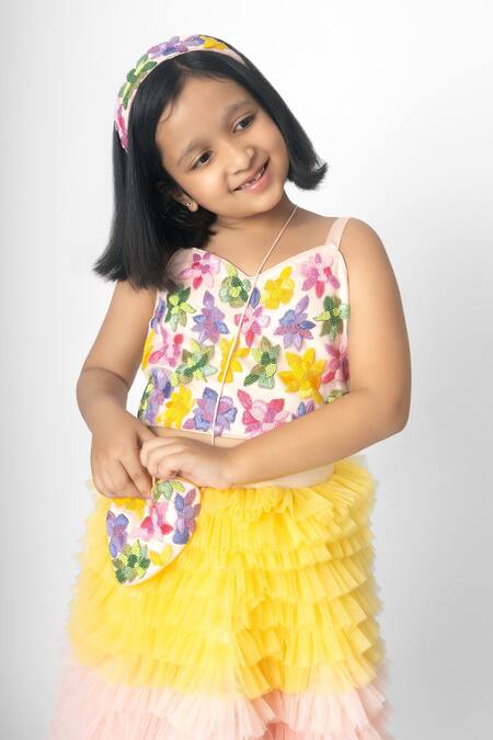 Ranikidswear_Multi Color Net Embroidery Bead Ruffle Skirt And Blouse Set_Online_at_Aza_Fashions