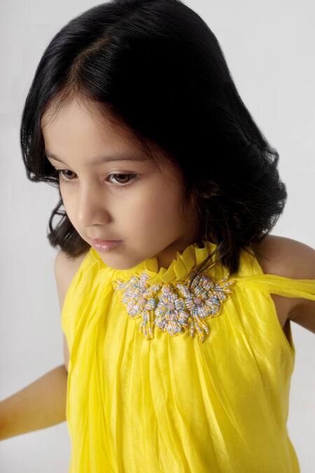 Buy_Ranikidswear_Yellow Chanderi Embroidery Floral Kurta Sharara Set_Online_at_Aza_Fashions