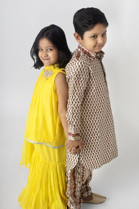 Ranikidswear_Yellow Chanderi Embroidery Floral Kurta Sharara Set_Online_at_Aza_Fashions