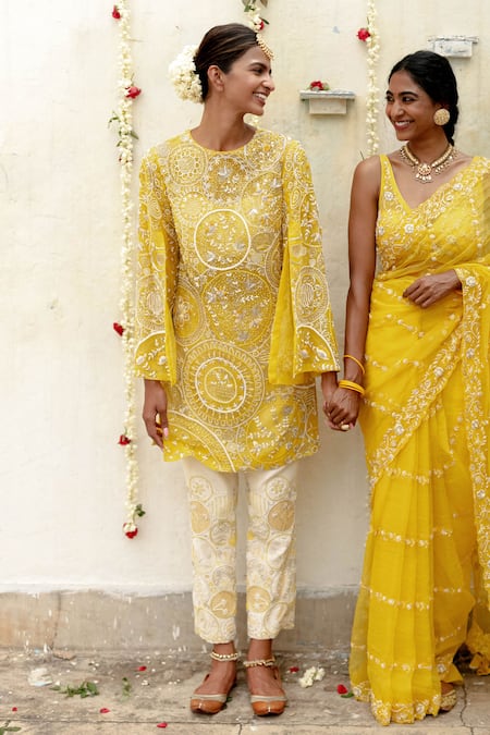 Megha Bansal Yellow Silk Organza Embroidered Zardozi Noor Vrit Kurta And Pant Set 