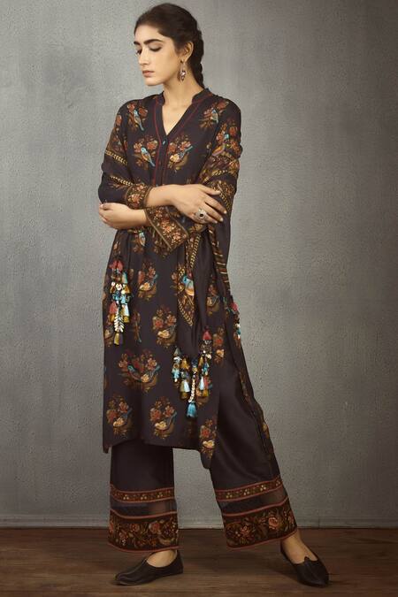 Torani_Black Chanderi Printed Scarf_Online_at_Aza_Fashions