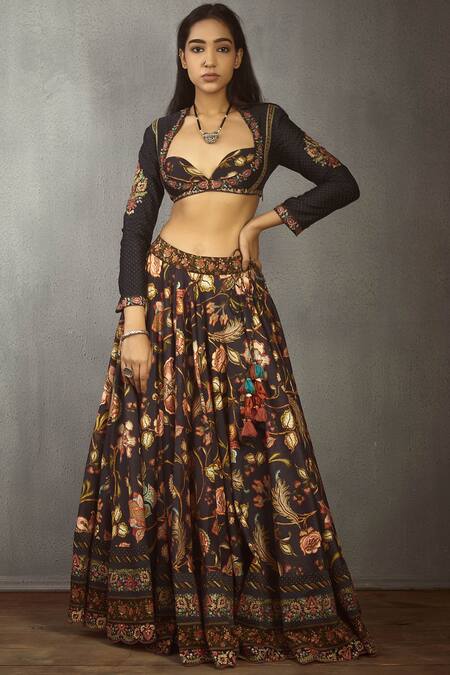 Torani_Black Chanderi Printed Lehenga Set_Online_at_Aza_Fashions
