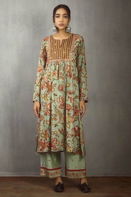 Torani Green Cotton Silk Chanderi Printed Kurta Set