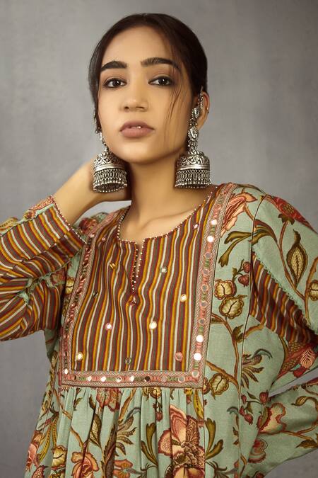 Torani_Green Cotton Silk Chanderi Printed Kurta Set_Online_at_Aza_Fashions