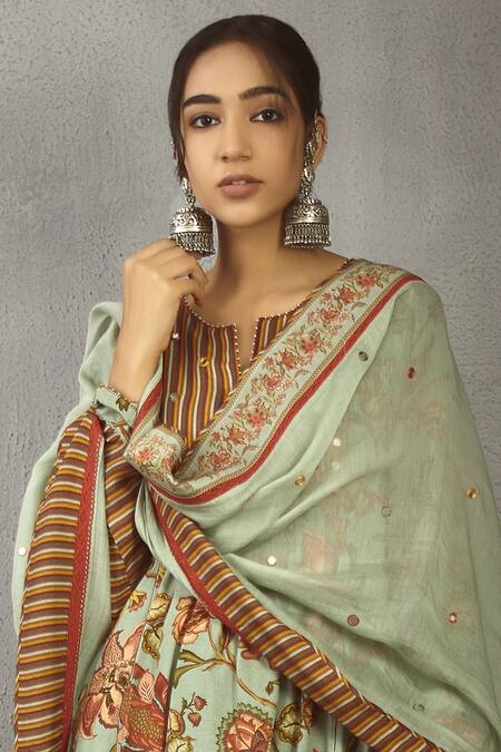 Torani_Green Cotton Silk Chanderi Embellished Dupatta_Online_at_Aza_Fashions