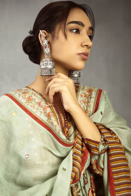 Buy_Torani_Green Cotton Silk Chanderi Embellished Dupatta_Online_at_Aza_Fashions