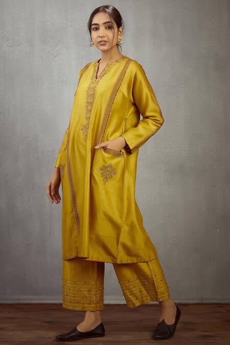 Torani_Yellow Chanderi Kurta Set_Online_at_Aza_Fashions