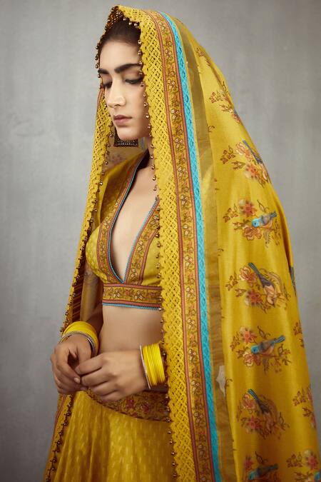 Shop_Torani_Yellow Chanderi Printed Lehenga Set_Online_at_Aza_Fashions
