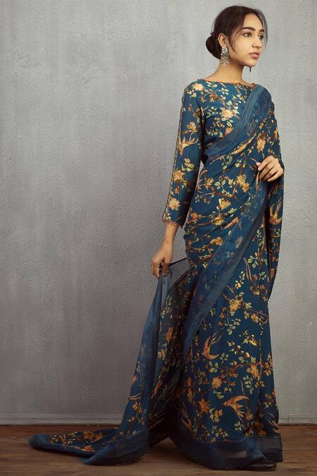 Torani_Blue Chanderi Printed Saree_Online_at_Aza_Fashions