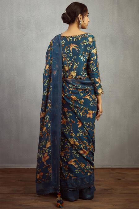 Shop_Torani_Blue Chanderi Printed Saree_at_Aza_Fashions