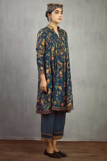 Torani_Blue Cotton Silk Printed Kurta Set_Online_at_Aza_Fashions
