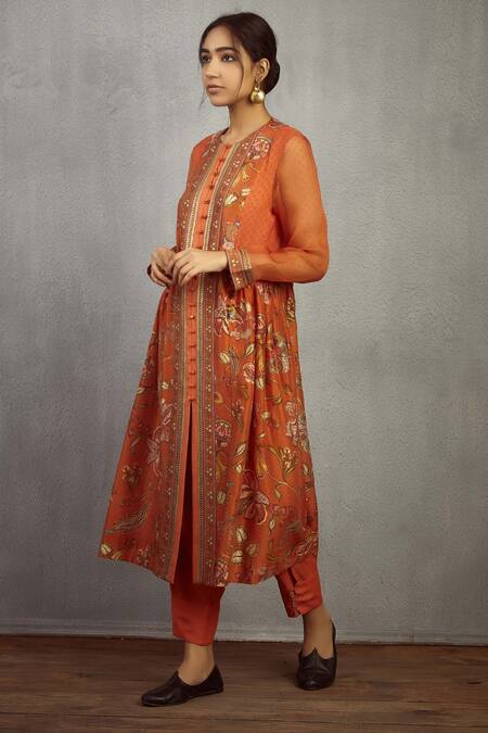 Torani Orange Organza, Chanderi, Cotton Silk Round Printed Kurta Online at Aza Fashions Torani_Orange Organza, Chanderi, Cotton Silk Round Printed Kurta_Online_at_Aza_Fashions