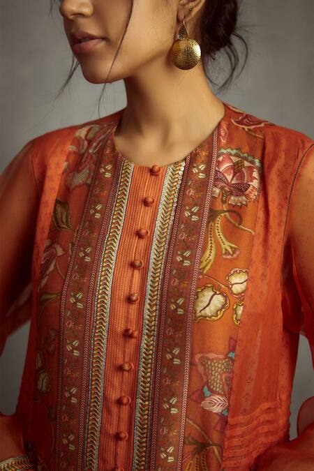 Shop Torani Orange Organza, Chanderi, Cotton Silk Round Printed Kurta Online at Aza Fashions Shop_Torani_Orange Organza, Chanderi, Cotton Silk Round Printed Kurta_Online_at_Aza_Fashions