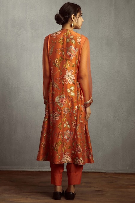 Shop Torani Orange Organza, Chanderi, Cotton Silk Round Printed Kurta at Aza Fashions Shop_Torani_Orange Organza, Chanderi, Cotton Silk Round Printed Kurta_at_Aza_Fashions