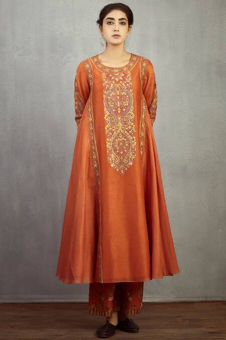 Torani_Orange Chanderi Embroidered Kurta Pant Set_Online_at_Aza_Fashions