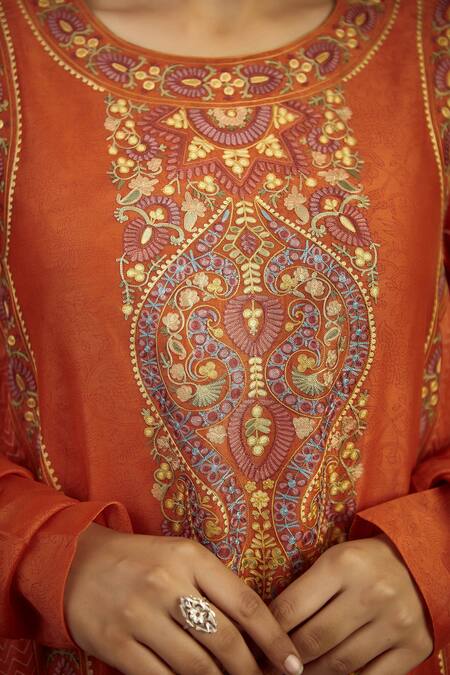 Buy_Torani_Orange Chanderi Embroidered Kurta Pant Set_Online_at_Aza_Fashions