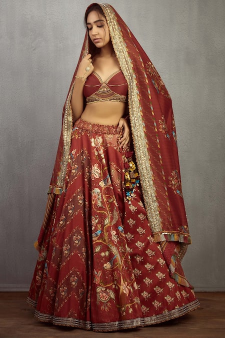 Torani Maroon Cotton Silk Chanderi Printed Lehenga Set